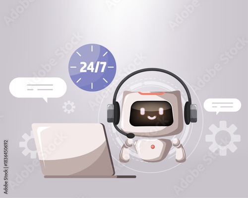 AI chatbot service for customer support. Artificial intelligence for helping clients for 24 hour. Customer service, call center, hotline, customer support technology. Flat vector illustration.