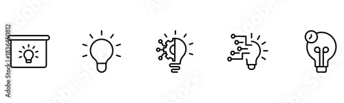 Light vector web line icons depicting light bulbs, ideas, innovation, creativity, and illumination for inspired thinking and solutions.