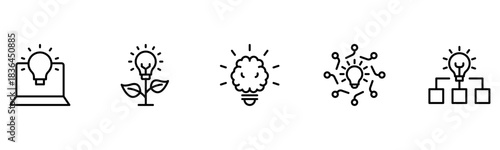Light vector web line icons depicting light bulbs, ideas, innovation, creativity, and illumination for inspired thinking and solutions.