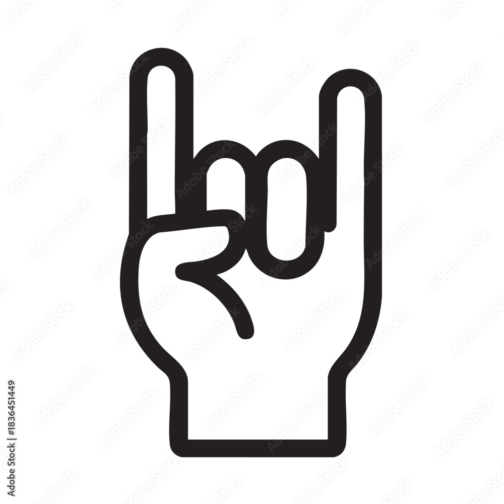 Obraz premium Bold line illustration of hand showing rock and roll gesture or devil horns on white background