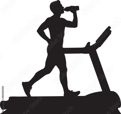 A silhouette of a man running on a treadmill and drinking water, highlighting fitness training.