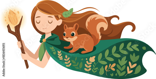 Woodland Nymph Illustration with Squirrel on Shoulder and Crystal Staff Forest Maiden with Green Foliage Cape Isolated on Transparent