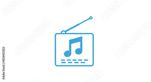 Blue line art icon of a portable radio with a musical note symbol