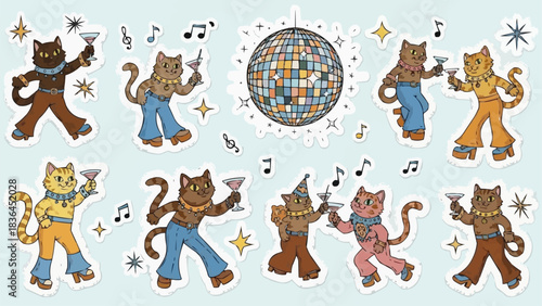 Set of groovy retro cats in 70s outfits dancing at a disco party.