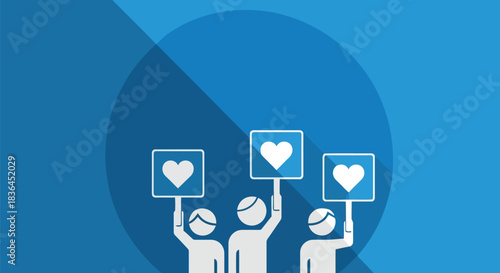 People holding up signs with heart symbols in a blue graphic design
