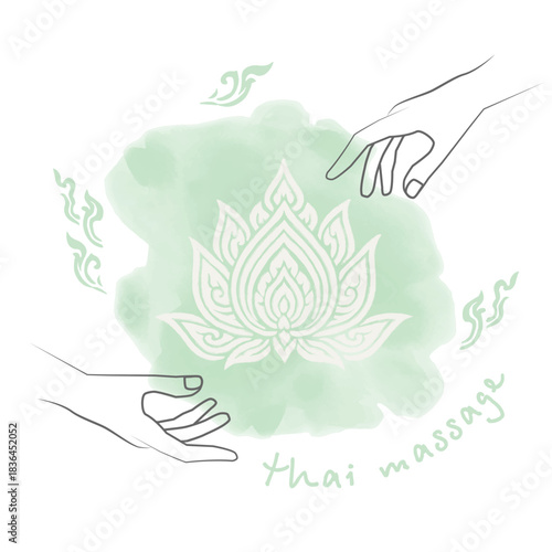 Thai massage in light green. Logo thai massage with hands. Concept  massage with Thai pattern  for your web site design, app, UI. Stock vector. EPS10.