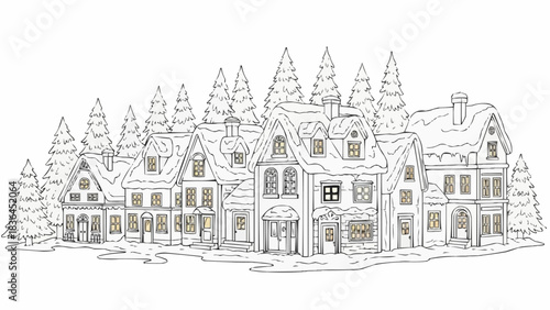 Charming Village Street Scene with Snow-Covered Houses and Evergreen Trees.