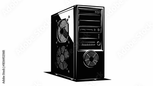 Monochromatic Illustration of a Desktop Computer Tower with Cooling Fans.