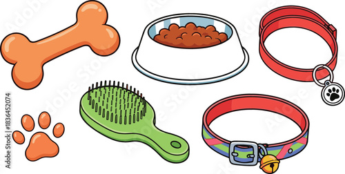 Collection of cartoon pet care items including a bone food bowl collars brush and paw print