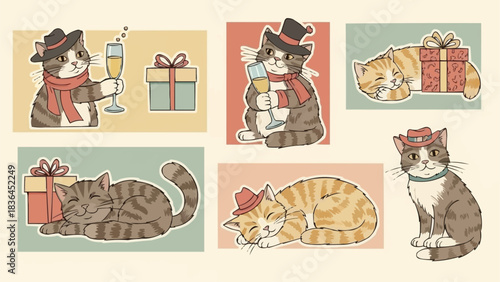 Adorable Cats Celebrating with Gifts and Champagne.