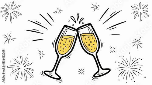 Two hand drawn champagne glasses clinking in a celebratory toast.