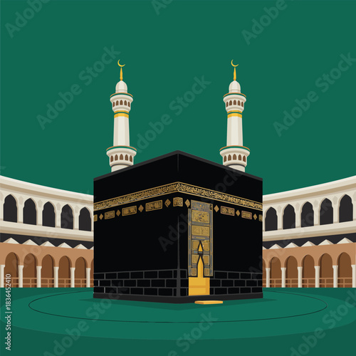 The Holy Kaaba in Mecca A Detailed Illustration of Islamic Religious Site in Saudi Arabia with Towers and Arches