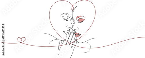 Minimalist line art of two faces in love forming a heart shape on white background