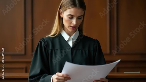 Video A lawyer or litigant reviews documents in a modern courtroom setting