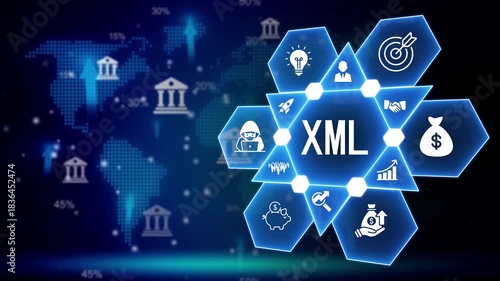 XML technology concept with global data map and financial icons Keywords: XML, Extensible Markup Language, data, technology, programming, coding, web development, software, information, markup