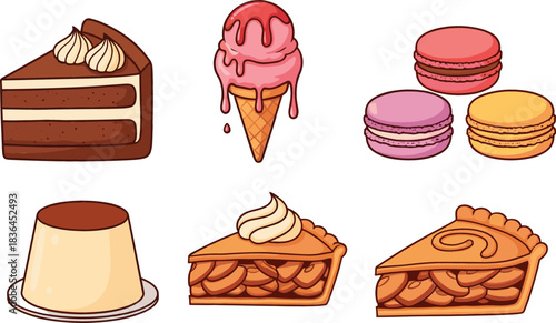 Collection of delicious cartoon desserts including cake ice cream and pies