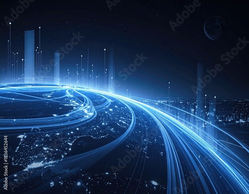 Futuristic digital world, glowing lines orbit a planet. Lights emanate, cityscape shown. Moon in background