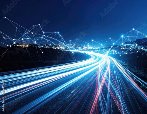 Long exposure shot of a highway at night with illuminated vehicle trails and network overlay