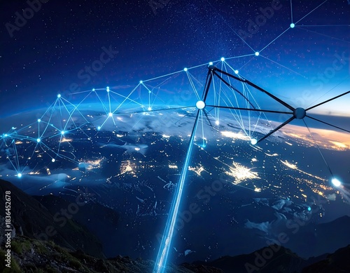 Aerial view of Earth with network nodes and digital connectivity lines, at night