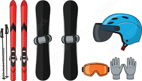 Winter sports gear collection featuring skis snowboards helmet goggles and gloves