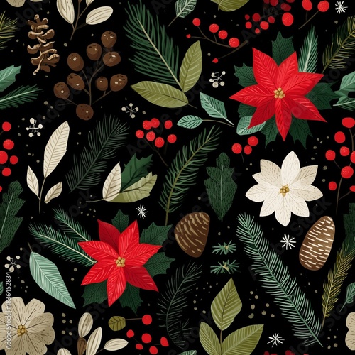Festive Floral Tileable Pattern with Poinsettias and Pine