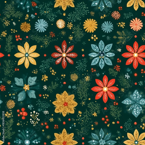 Colorful Floral Tileable Pattern with Green Background