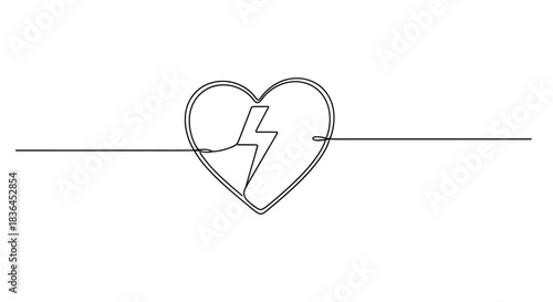 Continuous line art depicting a heart with a lightning bolt symbolizing energy and vitality