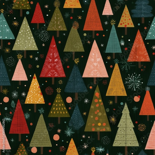 Whimsical Christmas Tree Tileable Pattern on Dark Background