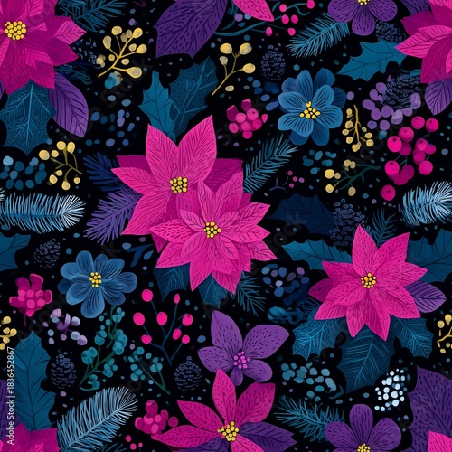 Vibrant Floral Tileable Pattern with Poinsettias on Black Background