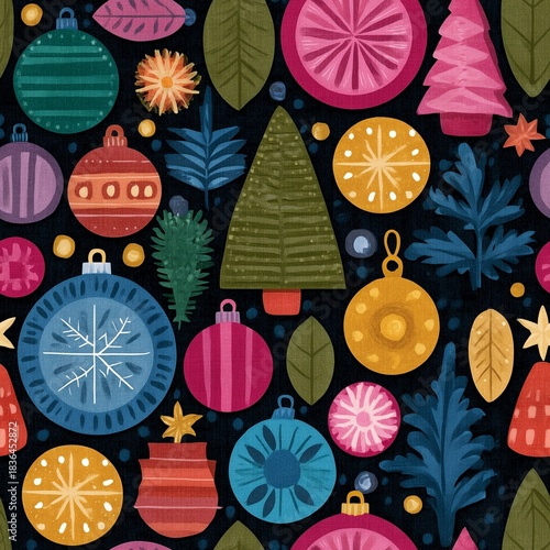 Colorful Christmas Ornaments and Leaves Tileable Pattern
