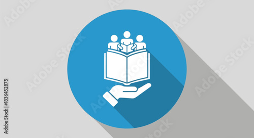 Hand holding open book with three people icon in blue circle