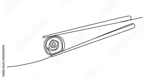 Minimalist single line drawing of chopsticks holding a single sushi roll against a white background
