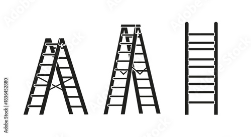 Collection of black silhouette icons representing different types of ladders including step ladders and straight ladders