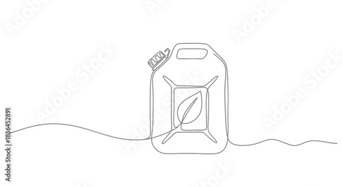 Minimalist single line drawing of a jerrycan with a leaf symbol representing eco friendly fuel or sustainable energy solutions