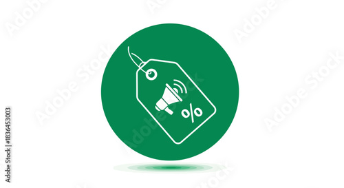 Green circle icon with white tag featuring megaphone and percentage symbol