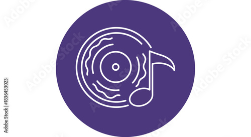 Outline icon of a vinyl record and musical note on purple circle
