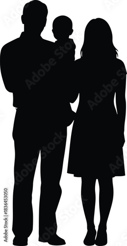 Silhouette of two adults and child, minimal black illustration symbolizing family, parenting, and emotional connection