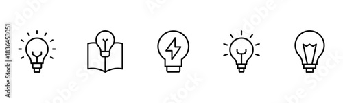 Light vector web line icons depicting light bulbs, ideas, innovation, creativity, and illumination for inspired thinking and solutions.