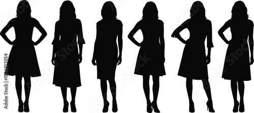 Silhouettes of six women in different standing poses, minimal black illustration highlighting posture, attire, and individuality