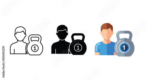 Fitness person icon with kettlebell weight in three styles isolated on