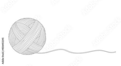A simple line art illustration of a gray ball of yarn with a single strand unwinding into a gentle wave on a white background