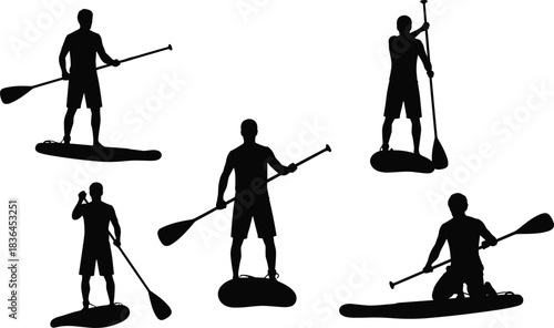 Silhouette of five paddleboarders in varied poses, minimal black illustration capturing balance, motion, and water sport technique