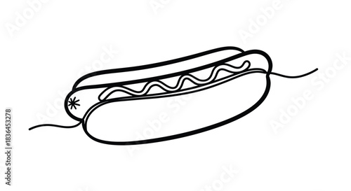 A minimalist black and white line drawing of a classic hot dog with a squiggle of mustard on a plain white background