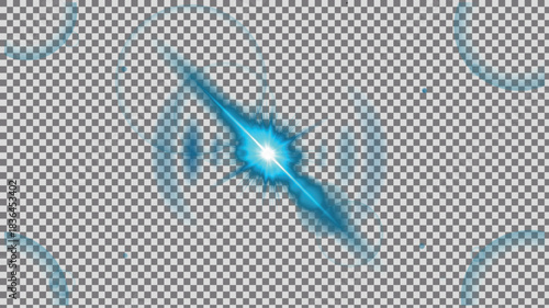 Intense bright cyan lens flare effect with sharp horizontal light beam and glowing starburst, futuristic ethereal illumination element on transparent PNG background.