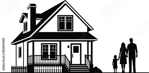 Family, standing, beside, cozy, suburban, house, symbolizing, home, security, lifestyle, togetherness, real, estate, ownership, community, comfort, safety, living