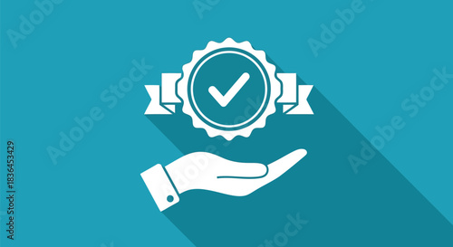 White hand holding a quality assurance badge with a checkmark