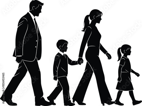 Silhouette of five family members walking together, minimal black illustration symbolizing unity, movement, and shared life journey