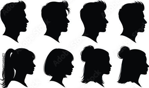 Silhouettes of eight human head profiles with varied hairstyles, minimal black illustration for design, style, and identity concepts