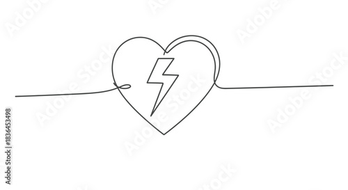 Continuous line drawing of a heart symbol with a lightning bolt inside representing energy and passion
