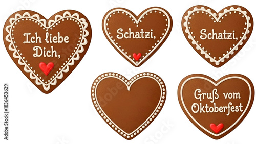 Oktoberfest gingerbread heart cookies with german messages and decorations